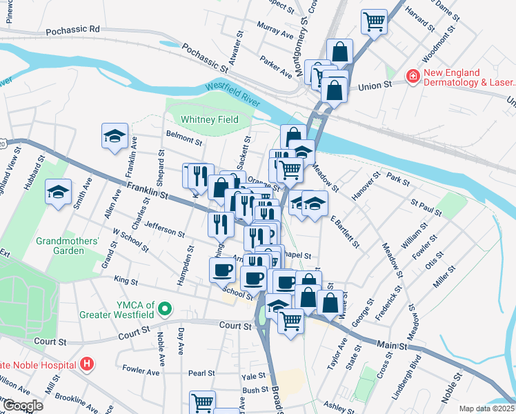 map of restaurants, bars, coffee shops, grocery stores, and more near 29 Maple Street in Westfield