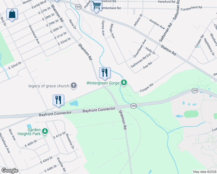 map of restaurants, bars, coffee shops, grocery stores, and more near 3799 Shannon Road in Erie