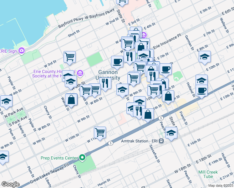 map of restaurants, bars, coffee shops, grocery stores, and more near 204 West 8th Street in Erie