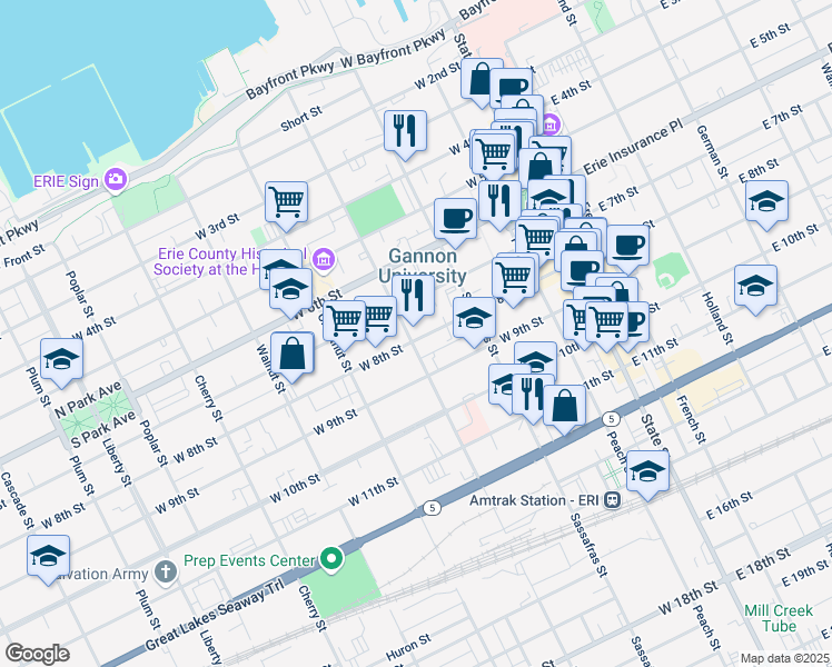 map of restaurants, bars, coffee shops, grocery stores, and more near 248 West 8th Street in Erie