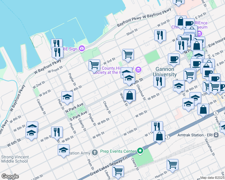 map of restaurants, bars, coffee shops, grocery stores, and more near 510 Walnut Street in Erie