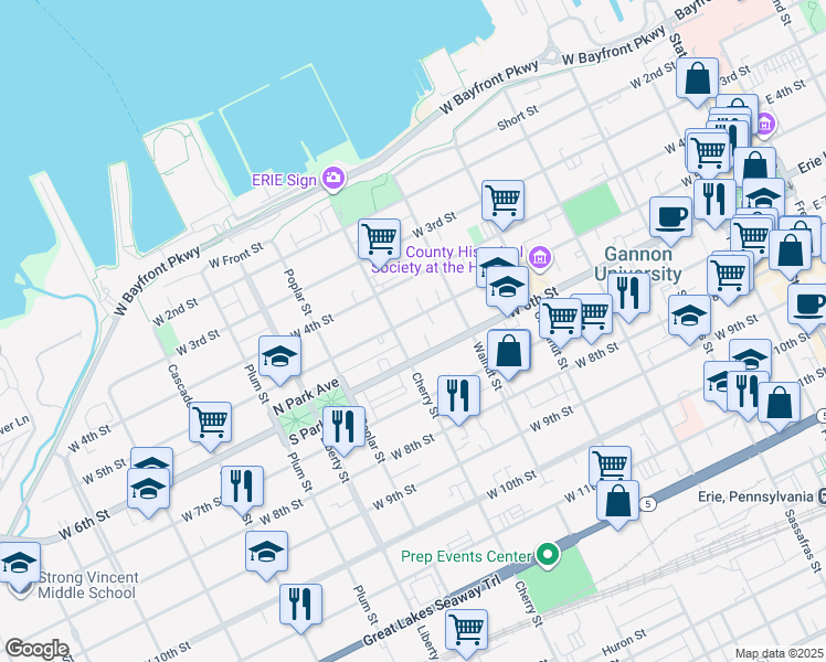 map of restaurants, bars, coffee shops, grocery stores, and more near 548 West 5th Street in Erie