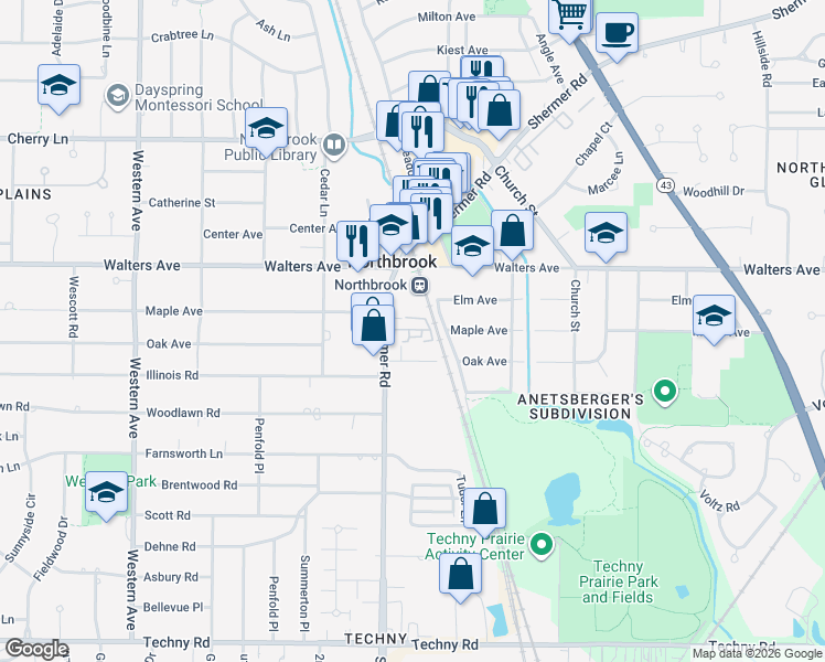 map of restaurants, bars, coffee shops, grocery stores, and more near 1425 Shermer Road in Northbrook