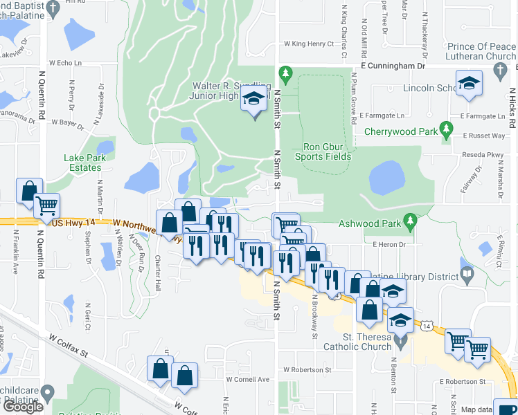 map of restaurants, bars, coffee shops, grocery stores, and more near 249 West Golfview Terrace in Palatine