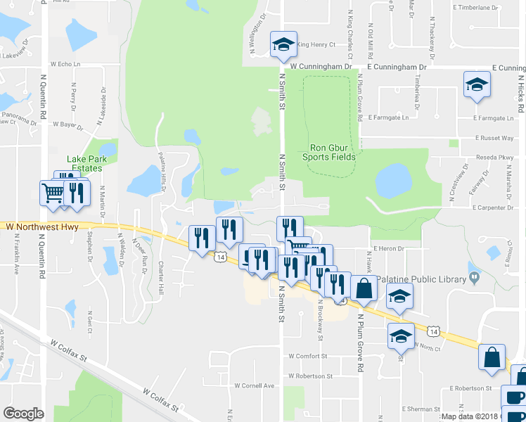 map of restaurants, bars, coffee shops, grocery stores, and more near 249 West Golfview Terrace in Palatine
