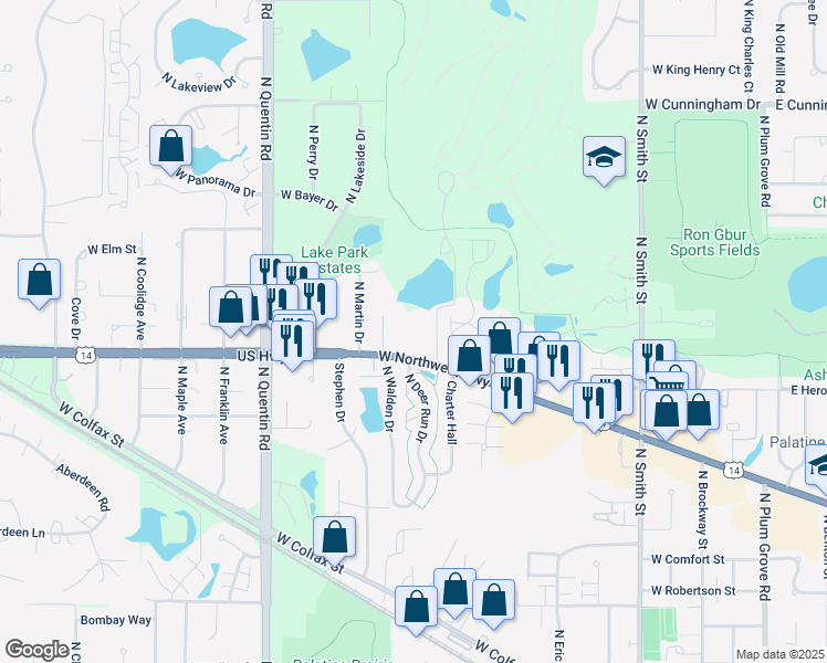 map of restaurants, bars, coffee shops, grocery stores, and more near 542 West Northwest Highway in Palatine