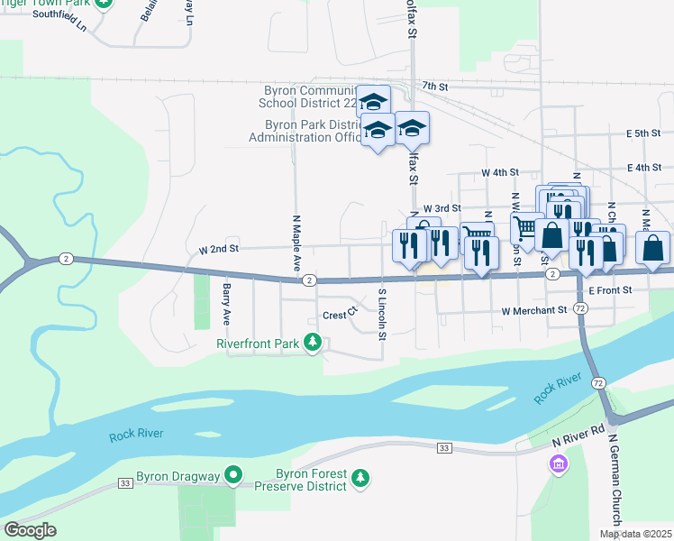 map of restaurants, bars, coffee shops, grocery stores, and more near 926 West 2nd Street in Byron
