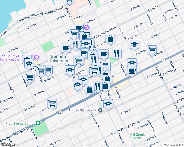 map of restaurants, bars, coffee shops, grocery stores, and more near 16 West 10th Street in Erie