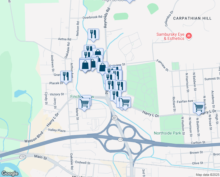 map of restaurants, bars, coffee shops, grocery stores, and more near 216 Reynolds Road in Johnson City