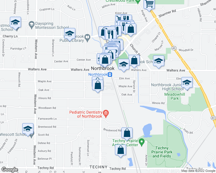 map of restaurants, bars, coffee shops, grocery stores, and more near 1425 Shermer Road in Northbrook