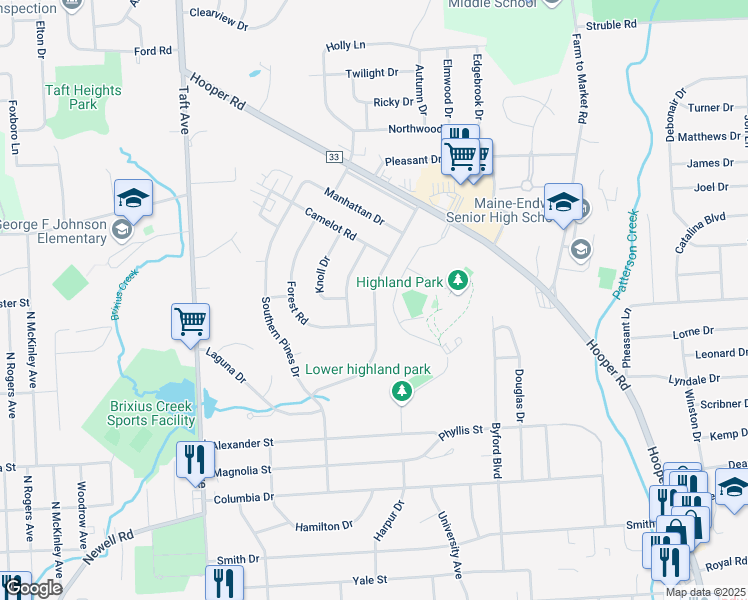 map of restaurants, bars, coffee shops, grocery stores, and more near 1008 Park Manor Boulevard in Endicott