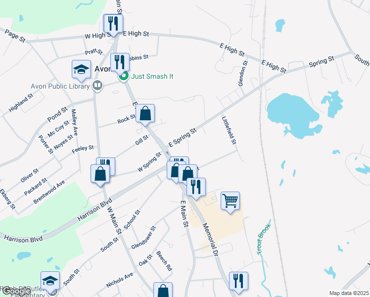 map of restaurants, bars, coffee shops, grocery stores, and more near 163 East Spring Street in Avon