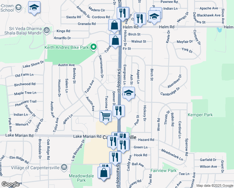 map of restaurants, bars, coffee shops, grocery stores, and more near 52 South Kennedy Drive in Carpentersville