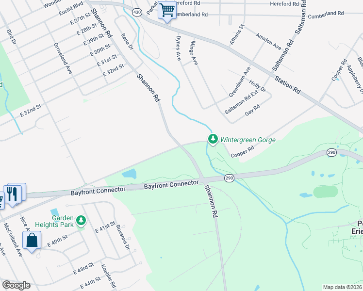 map of restaurants, bars, coffee shops, grocery stores, and more near 3001 Cooper Road in Erie
