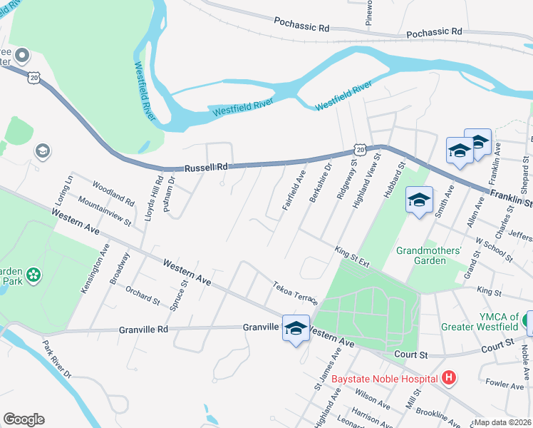 map of restaurants, bars, coffee shops, grocery stores, and more near 48 Dana Street in Westfield