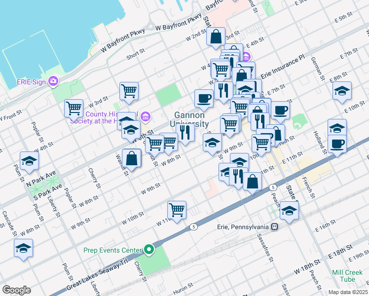map of restaurants, bars, coffee shops, grocery stores, and more near 248 West 8th Street in Erie