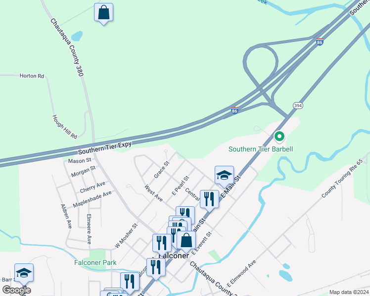 map of restaurants, bars, coffee shops, grocery stores, and more near 430 East Avenue in Falconer