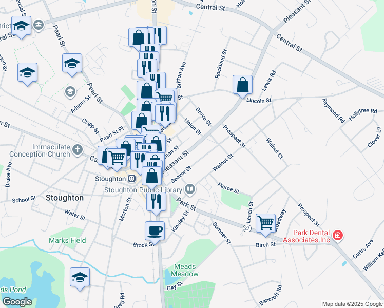 map of restaurants, bars, coffee shops, grocery stores, and more near 102 Pleasant Street in Stoughton