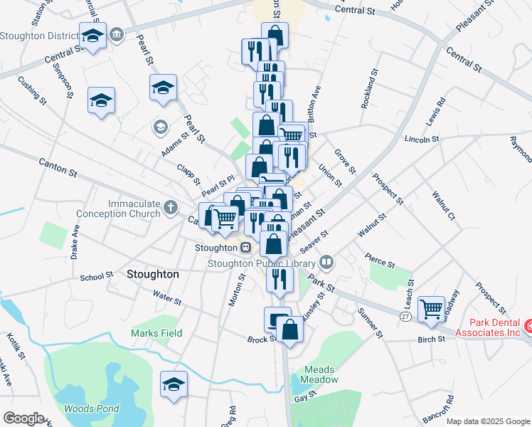 map of restaurants, bars, coffee shops, grocery stores, and more near 22 Pearl Street in Stoughton