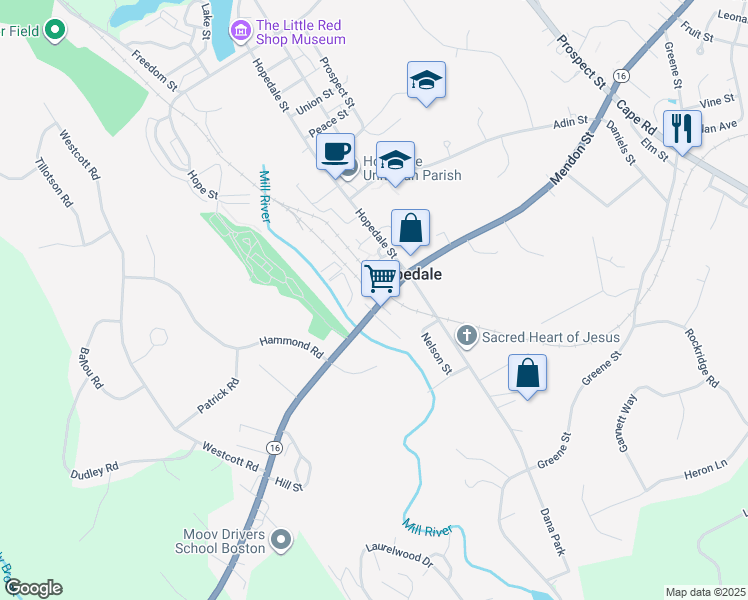 map of restaurants, bars, coffee shops, grocery stores, and more near 127 Mendon Street in Hopedale
