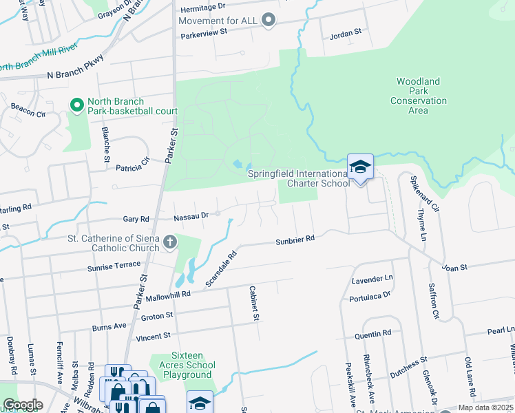 map of restaurants, bars, coffee shops, grocery stores, and more near 542 Nassau Drive in Springfield