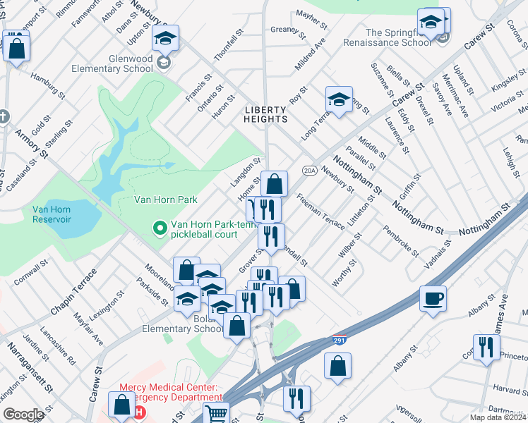 map of restaurants, bars, coffee shops, grocery stores, and more near 30 Woodmont Street in Springfield