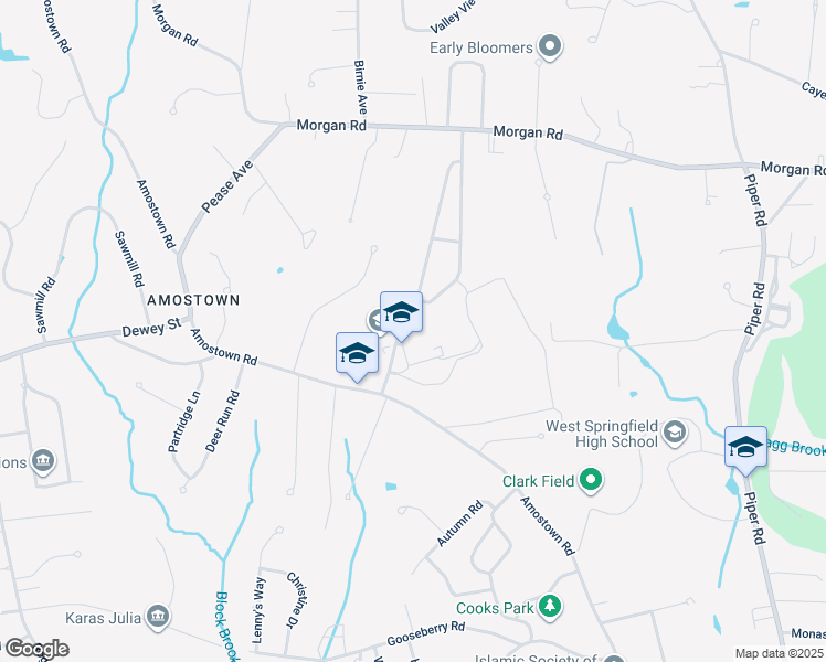 map of restaurants, bars, coffee shops, grocery stores, and more near Fausey Drive in West Springfield
