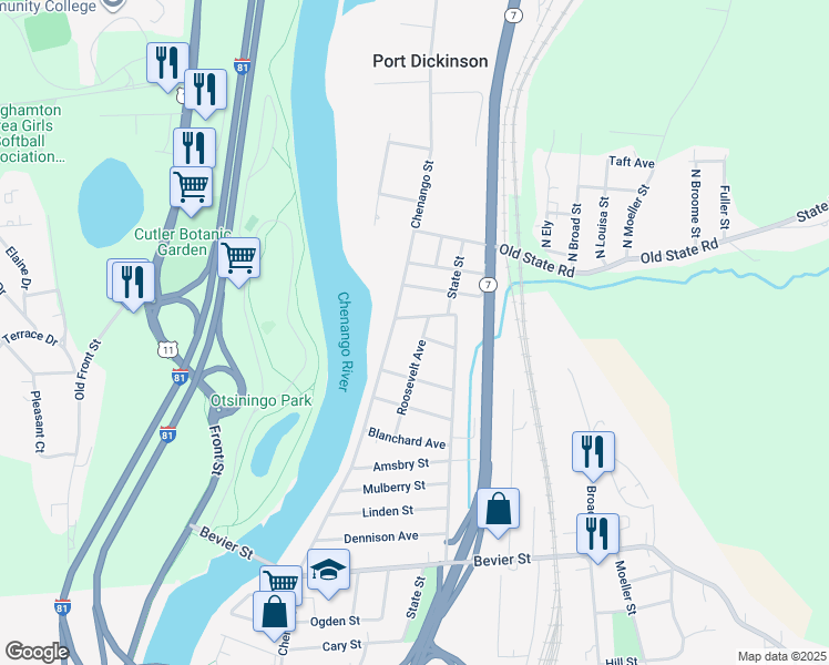 map of restaurants, bars, coffee shops, grocery stores, and more near 4 Bromley Avenue in Binghamton