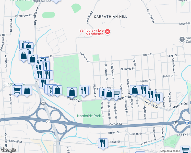 map of restaurants, bars, coffee shops, grocery stores, and more near 199 North Hudson Street in Johnson City