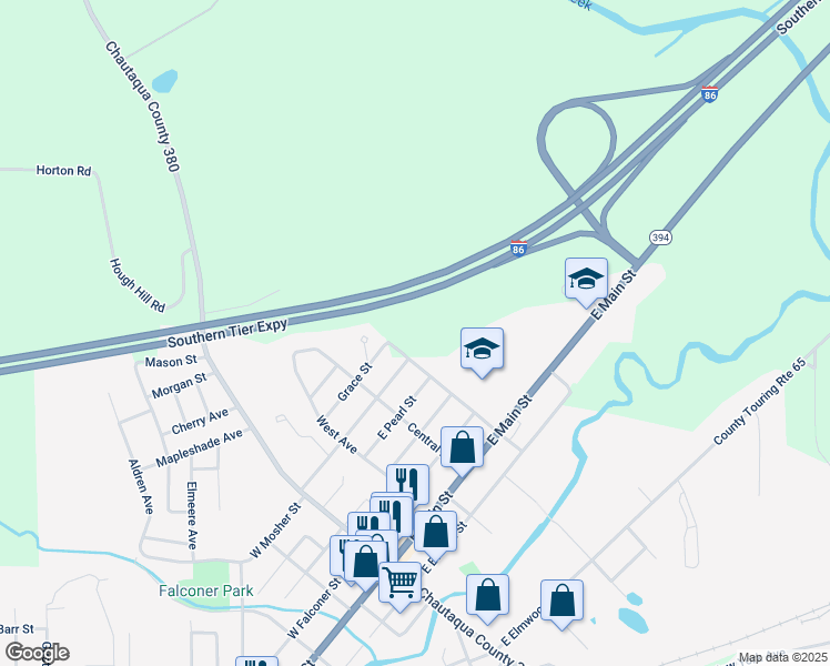 map of restaurants, bars, coffee shops, grocery stores, and more near 430 East Avenue in Falconer