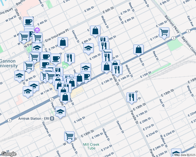 map of restaurants, bars, coffee shops, grocery stores, and more near 315 East 12th Street in Erie