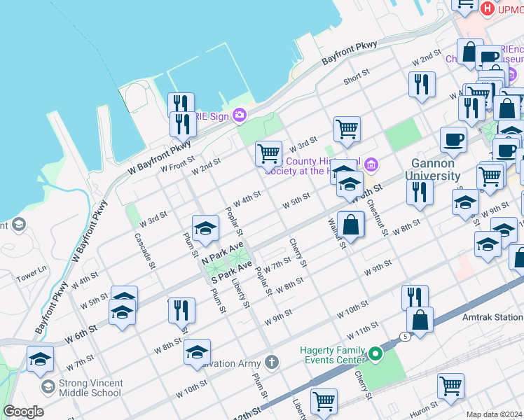 map of restaurants, bars, coffee shops, grocery stores, and more near in Erie
