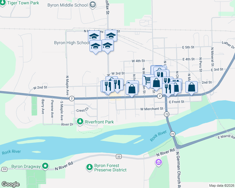 map of restaurants, bars, coffee shops, grocery stores, and more near 523 West Blackhawk Drive in Byron