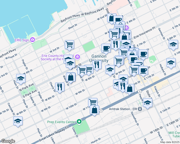 map of restaurants, bars, coffee shops, grocery stores, and more near 309 West 7th Street in Erie