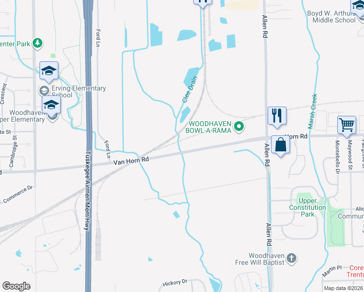 map of restaurants, bars, coffee shops, grocery stores, and more near 20444 Van Horn Road in Trenton