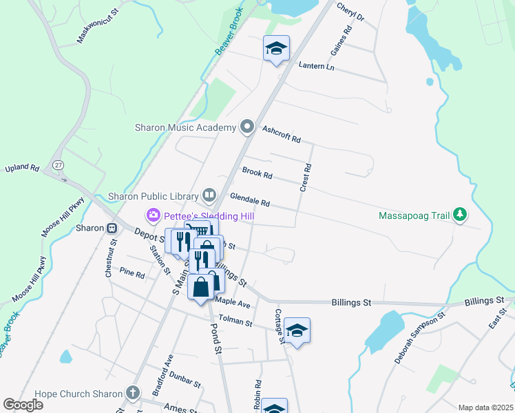 map of restaurants, bars, coffee shops, grocery stores, and more near 26 Glendale Road in Sharon