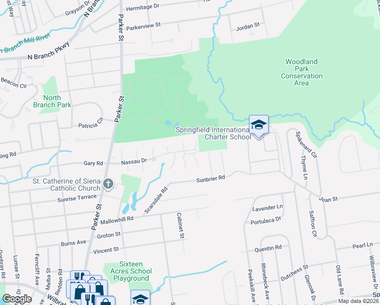 map of restaurants, bars, coffee shops, grocery stores, and more near 542 Nassau Drive in Springfield