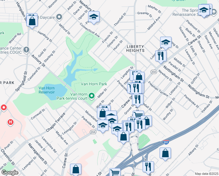 map of restaurants, bars, coffee shops, grocery stores, and more near 117 Miller Street in Springfield