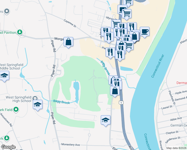 map of restaurants, bars, coffee shops, grocery stores, and more near 25 Windpath East in West Springfield