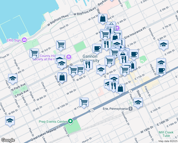 map of restaurants, bars, coffee shops, grocery stores, and more near 248 West 8th Street in Erie