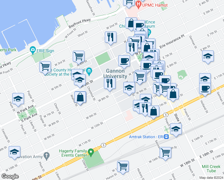 map of restaurants, bars, coffee shops, grocery stores, and more near 248 West 8th Street in Erie