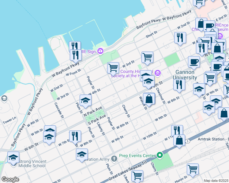 map of restaurants, bars, coffee shops, grocery stores, and more near in Erie