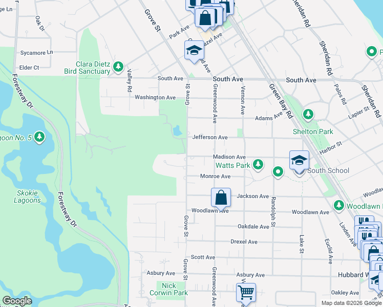 map of restaurants, bars, coffee shops, grocery stores, and more near 465 Grove Street in Glencoe