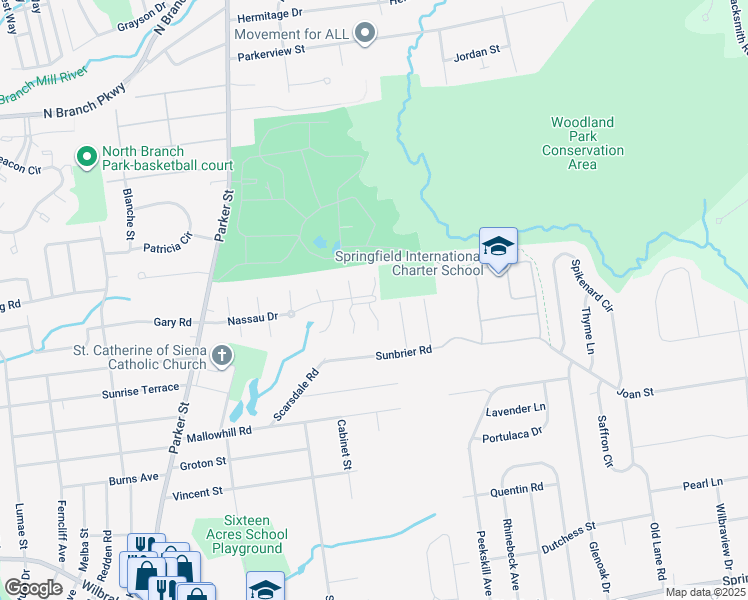 map of restaurants, bars, coffee shops, grocery stores, and more near 659 Nassau Drive in Springfield