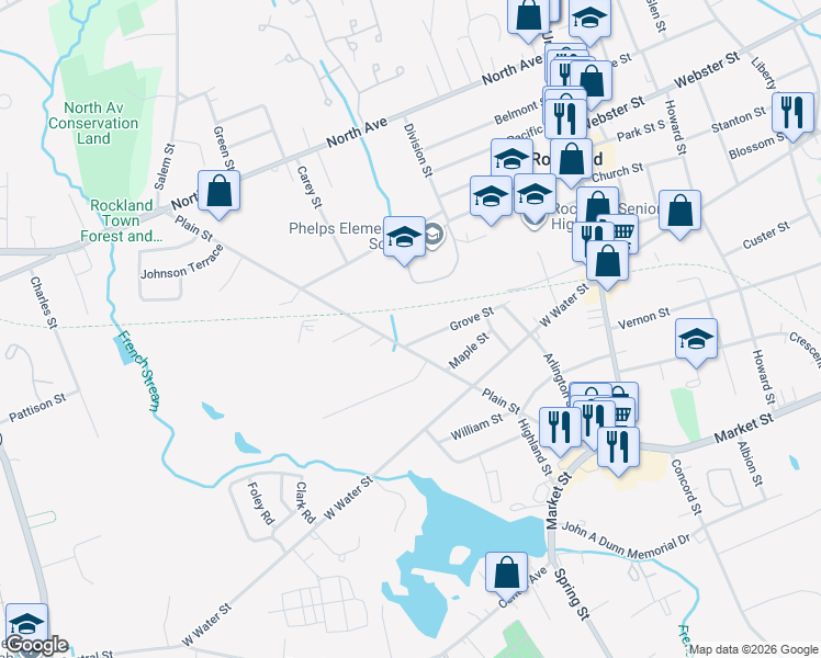 map of restaurants, bars, coffee shops, grocery stores, and more near 265 Plain Street in Rockland