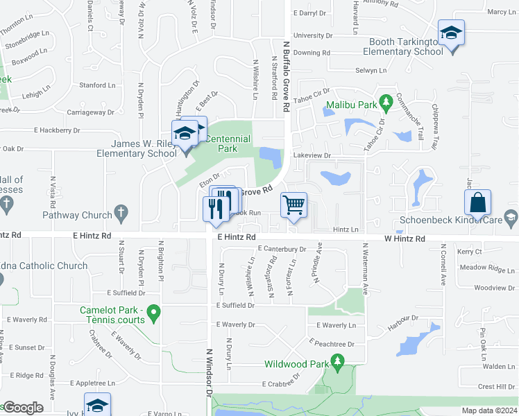 map of restaurants, bars, coffee shops, grocery stores, and more near 2739 North Buffalo Grove Road in Arlington Heights