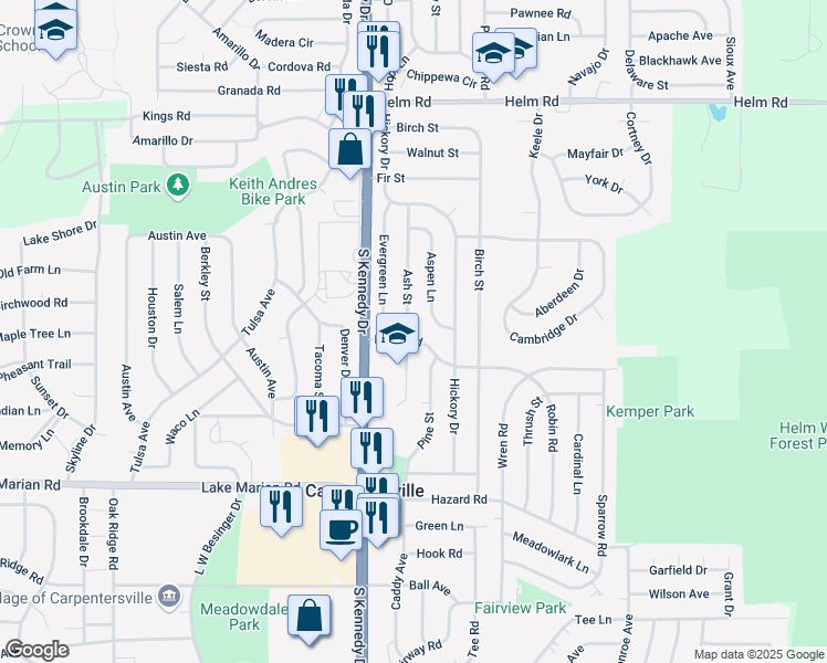 map of restaurants, bars, coffee shops, grocery stores, and more near 73 Robin Road in Carpentersville