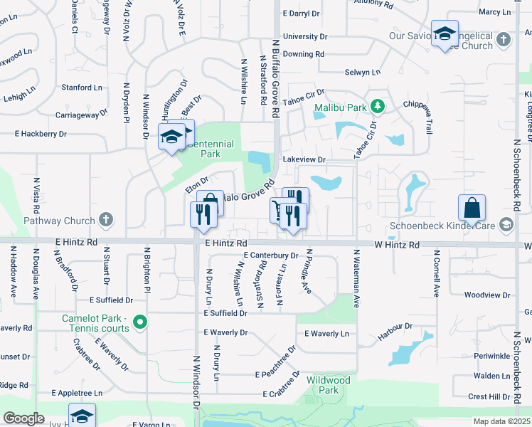 map of restaurants, bars, coffee shops, grocery stores, and more near 2706 North Buffalo Grove Road in Arlington Heights