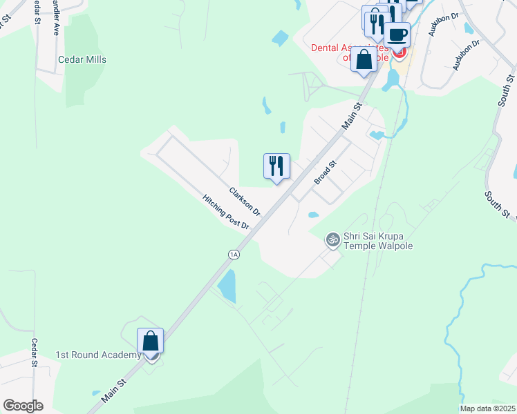 map of restaurants, bars, coffee shops, grocery stores, and more near 3 Clarkson Drive in Walpole