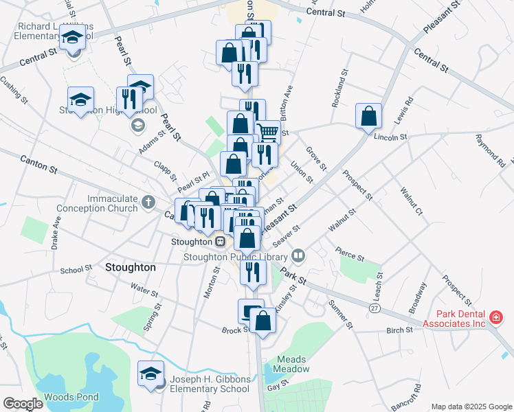 map of restaurants, bars, coffee shops, grocery stores, and more near 79 Porter Street in Stoughton